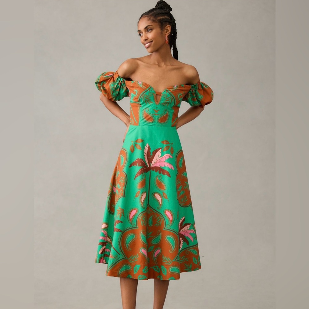 NWT Anthropologie Maeve Green and Orange Off-Shoulder Midi Dress Size 2